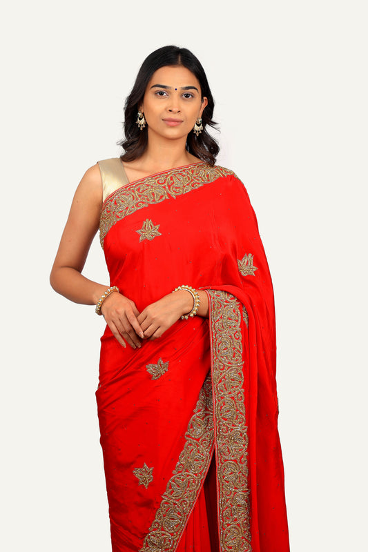 Red Italian Crepe Heavy Border & Butti Saree