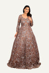 Handwork On Net And Full Sleeves Gown Light Brown