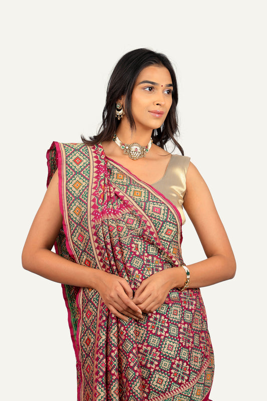 Banarasi Georgette Bandhni Patola Saree With Minakari Weaving
