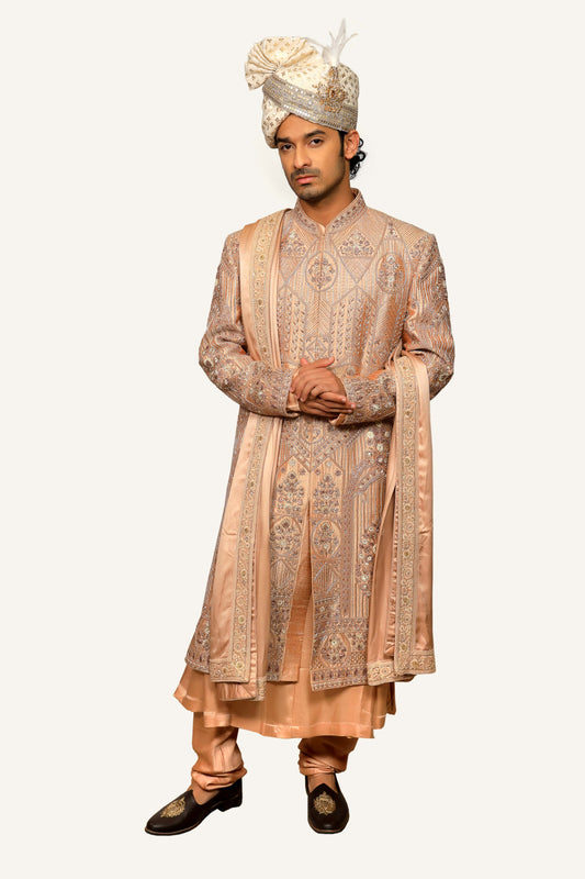Raw Silk Sherwani With Fully Hand Work