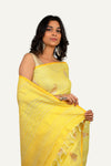 Lemon Yellow Linen Saree with All-Over Butta