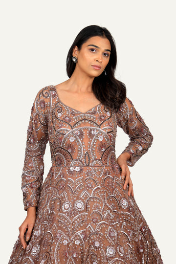 Handwork On Net And Full Sleeves Gown Light Brown