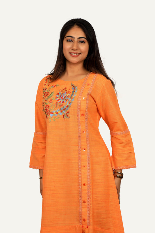 Embroidery On Silk Designer Orange Colour Kurti