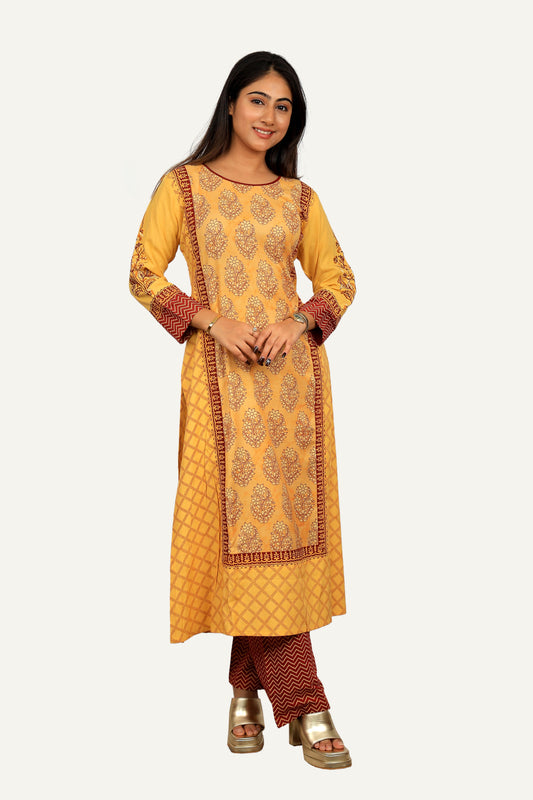 Yellow Printed Kurti Pant