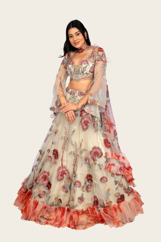 Cream Net Floral With Resham Work Designer Lehenga Choli
