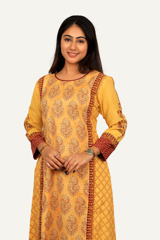 Yellow Printed Kurti Pant