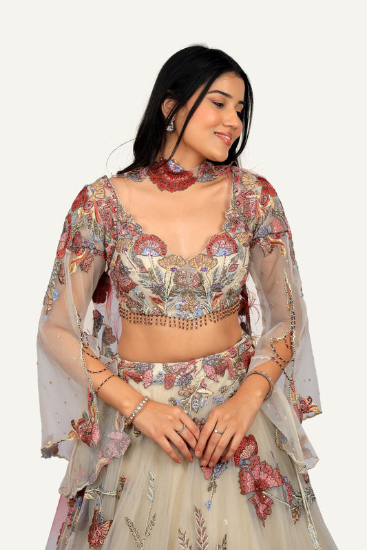 Cream Net Floral With Resham Work Designer Lehenga Choli