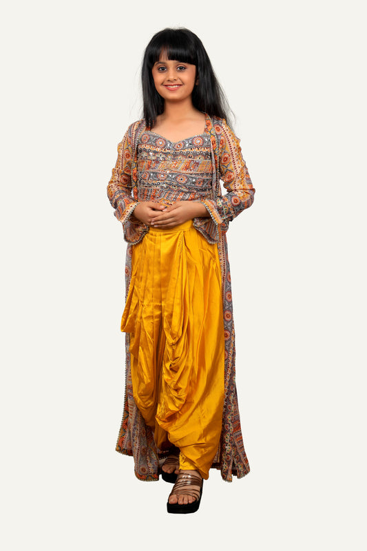 Stylish Yellow Georgette & Satin Dhoti Set