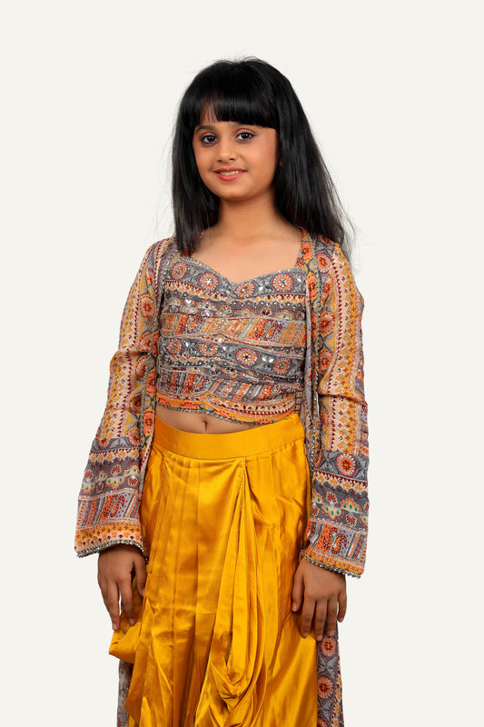 Stylish Yellow Georgette & Satin Dhoti Set