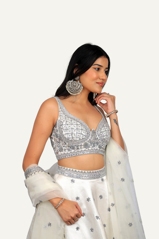 Off White Silk Handwork Lehenga Choli