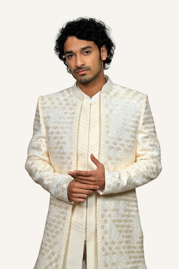 Off White Indowestern With Silk Fabric & Hand Work