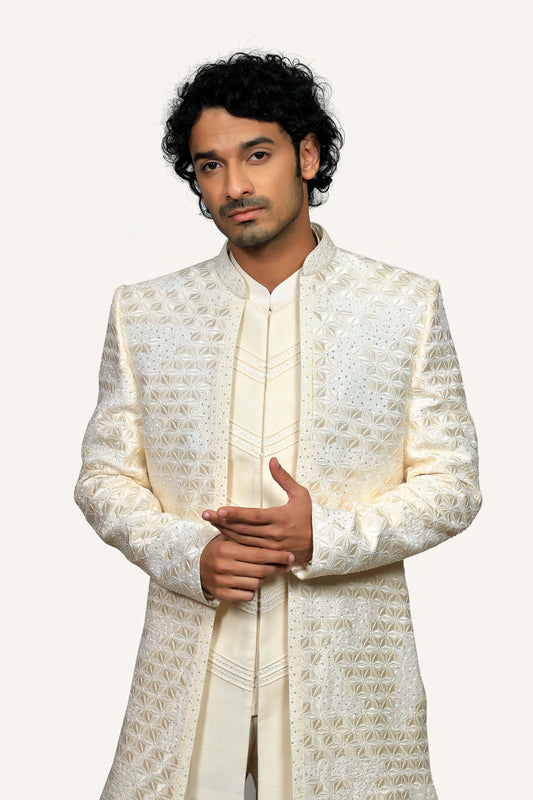 Off White Indowestern With Silk Fabric & Hand Work