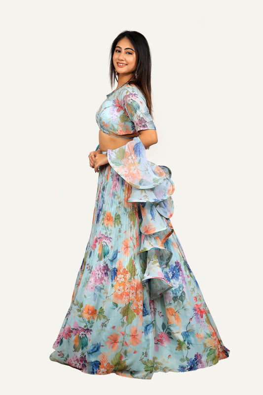 Georgette Floral Print Lehenga Choli with Hand Work Blouse & Ruffle Dupatta