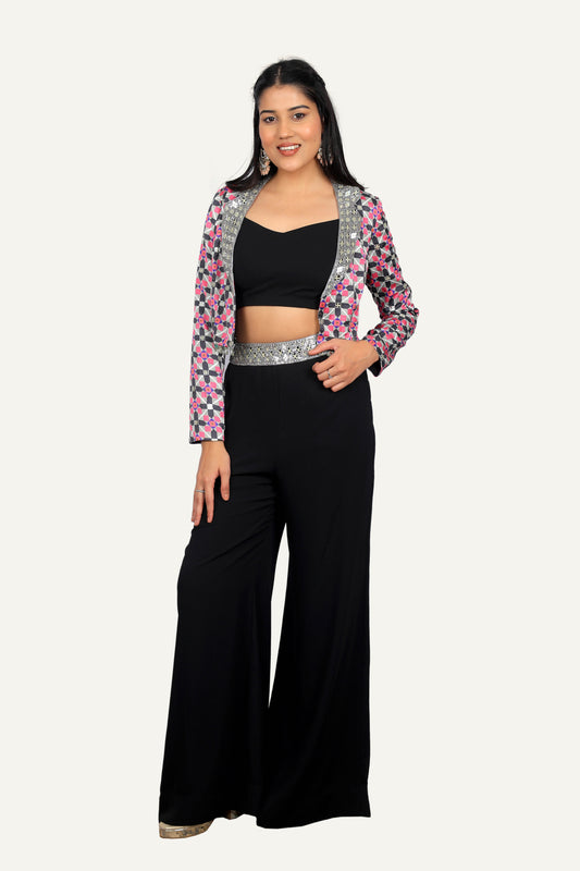 Black Gaji Silk with Chex Pattern Jacket, Tube Blouse and Straight Georgette Plazo