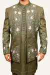 Green Silk Indowestern With Thread Work & Hand Work