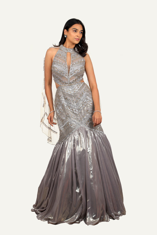 Light Gray Gown All Over Hand Work Backless With Attach Drape