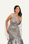 Light Gray Gown All Over Hand Work Backless With Attach Drape