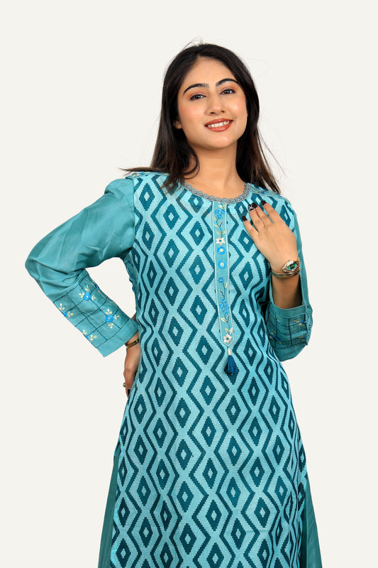 Blue Embroidery Designer Kurti Pant