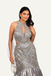 Light Gray Gown All Over Hand Work Backless With Attach Drape
