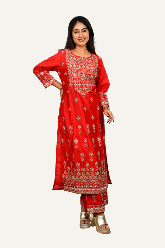 Tomato Red Thread Work Chanderi Silk Plazopant