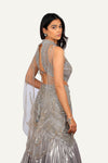 Light Gray Gown All Over Hand Work Backless With Attach Drape