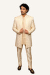 Off White Silk Indowestern Jacket With Short Kurta & Pent