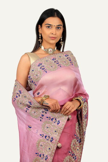 Purple Organza Ombre Shade Saree with Hand Work Border & Butti