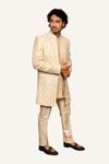 Off White Silk Indowestern Jacket With Short Kurta & Pent