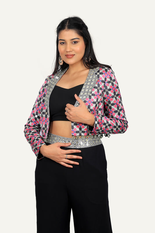 Black Gaji Silk with Chex Pattern Jacket, Tube Blouse and Straight Georgette Plazo