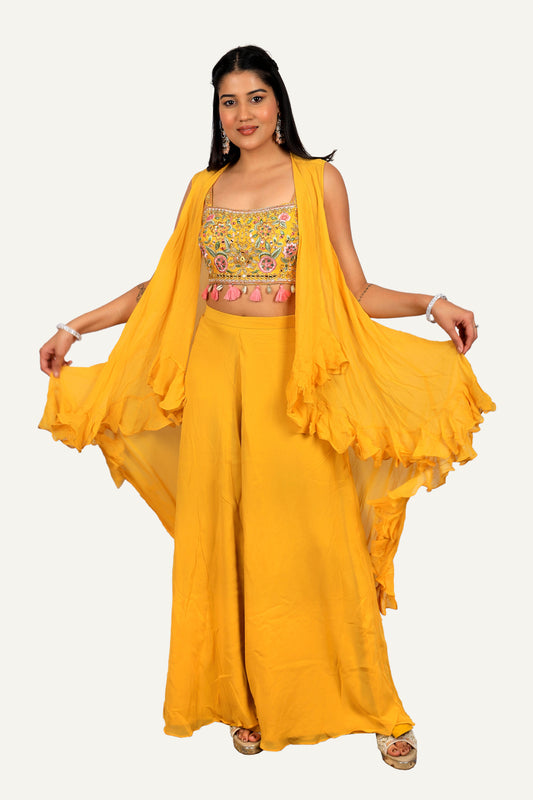 Flared Georgette Plazo and Shrug with Stylish Handwork and Machine Work on Blouse