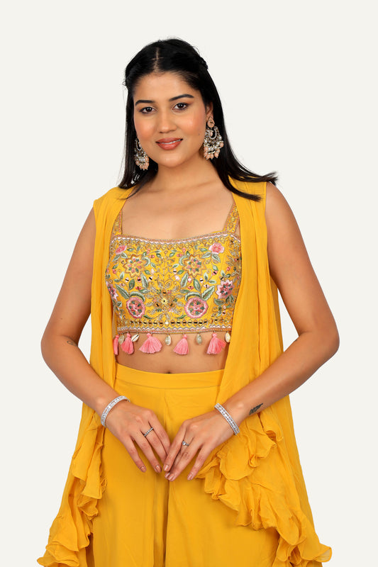 Flared Georgette Plazo and Shrug with Stylish Handwork and Machine Work on Blouse