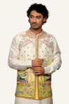Cream Dola Silk Jacket, Kurta & Pent With Heavy Thread Embroidery & Mirror Work