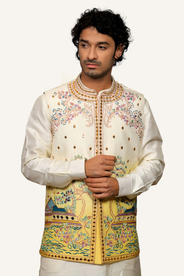 Cream Dola Silk Jacket, Kurta & Pent With Heavy Thread Embroidery & Mirror Work