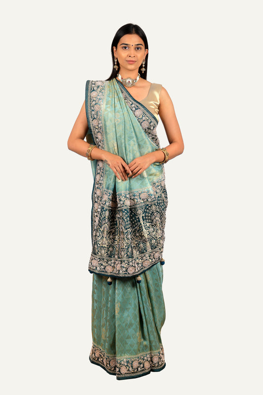 Pista Green Crepe Silk With Banarasi Weaving Saree