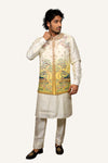 Cream Dola Silk Jacket, Kurta & Pent With Heavy Thread Embroidery & Mirror Work