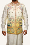 Cream Dola Silk Jacket, Kurta & Pent With Heavy Thread Embroidery & Mirror Work