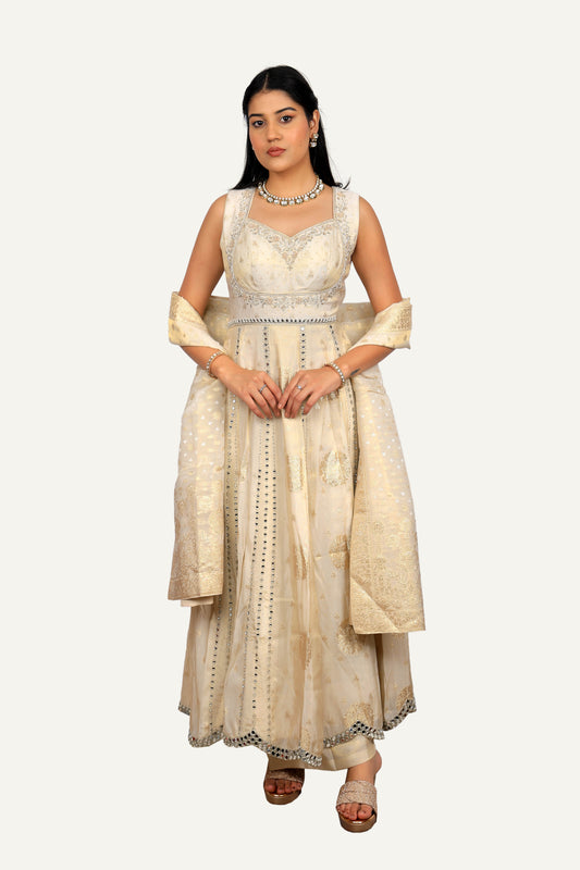 Cream Tissue Silk Dress with Mirror Work & Plazo Pant with Banarasi Mirror work Duppatta