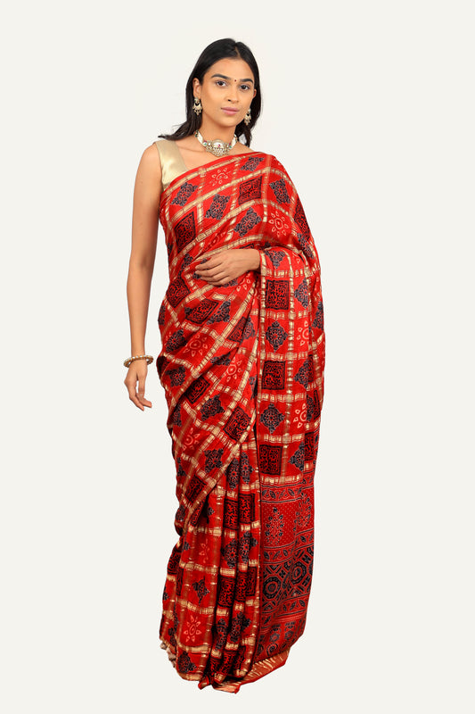 Gaji Silk Checks Ajrakh Print Saree with Lagadi Patta