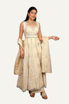 Cream Tissue Silk Dress with Mirror Work & Plazo Pant with Banarasi Mirror work Duppatta