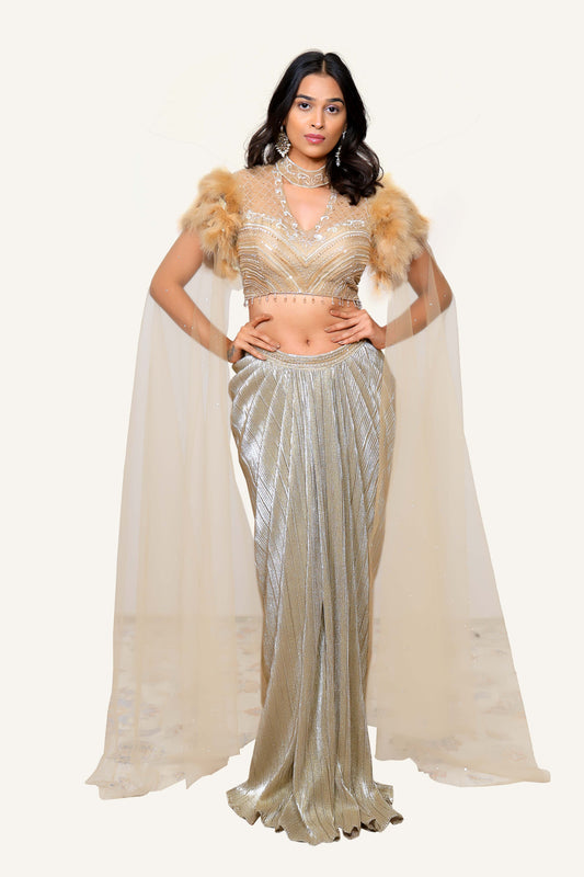 Gold Indowestern in Dhoti Style with Hand Embroidery