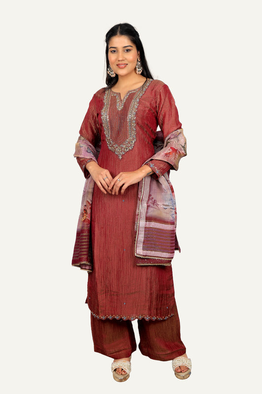 Orange Tissue Fabric Top, Straight Plazo with Printed Duppatta
