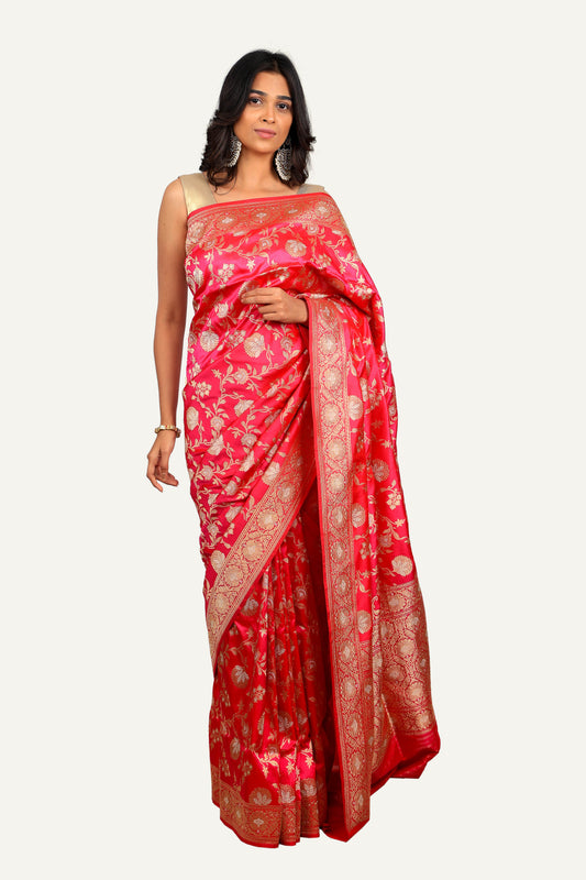 Pink Pure Katan Silk Saree with All Over Jal Weaving
