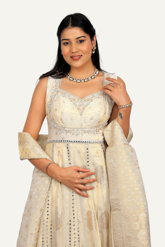 Cream Tissue Silk Dress with Mirror Work & Plazo Pant with Banarasi Mirror work Duppatta