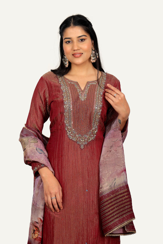 Orange Tissue Fabric Top, Straight Plazo with Printed Duppatta