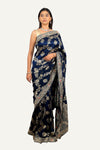 Navy Blue Banarasi Weaving Silk Saree with Hand Work Border & Heavy Pallu