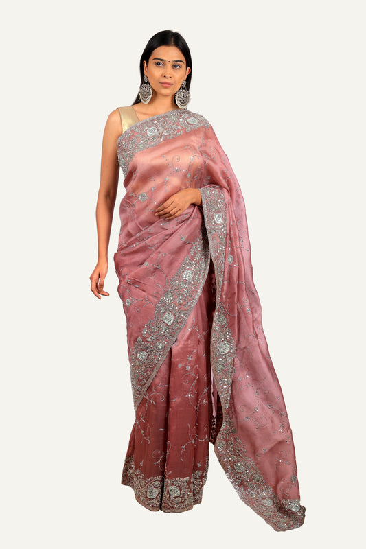 Onion Pink Organza Jal With Hand Work Saree