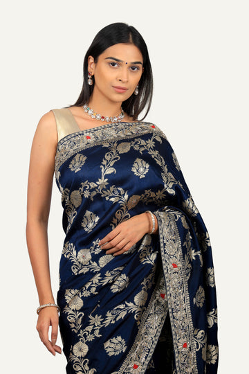 Navy Blue Banarasi Weaving Silk Saree with Hand Work Border & Heavy Pallu