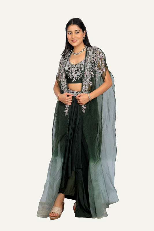 Green Organza Shrug with Zardosi Hand Work and Drape Skirt and Blouse