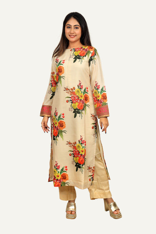 Cream Digital Printed Colour Kurti Pant