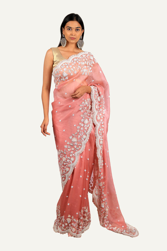 Peach Organza With Handwork Saree
